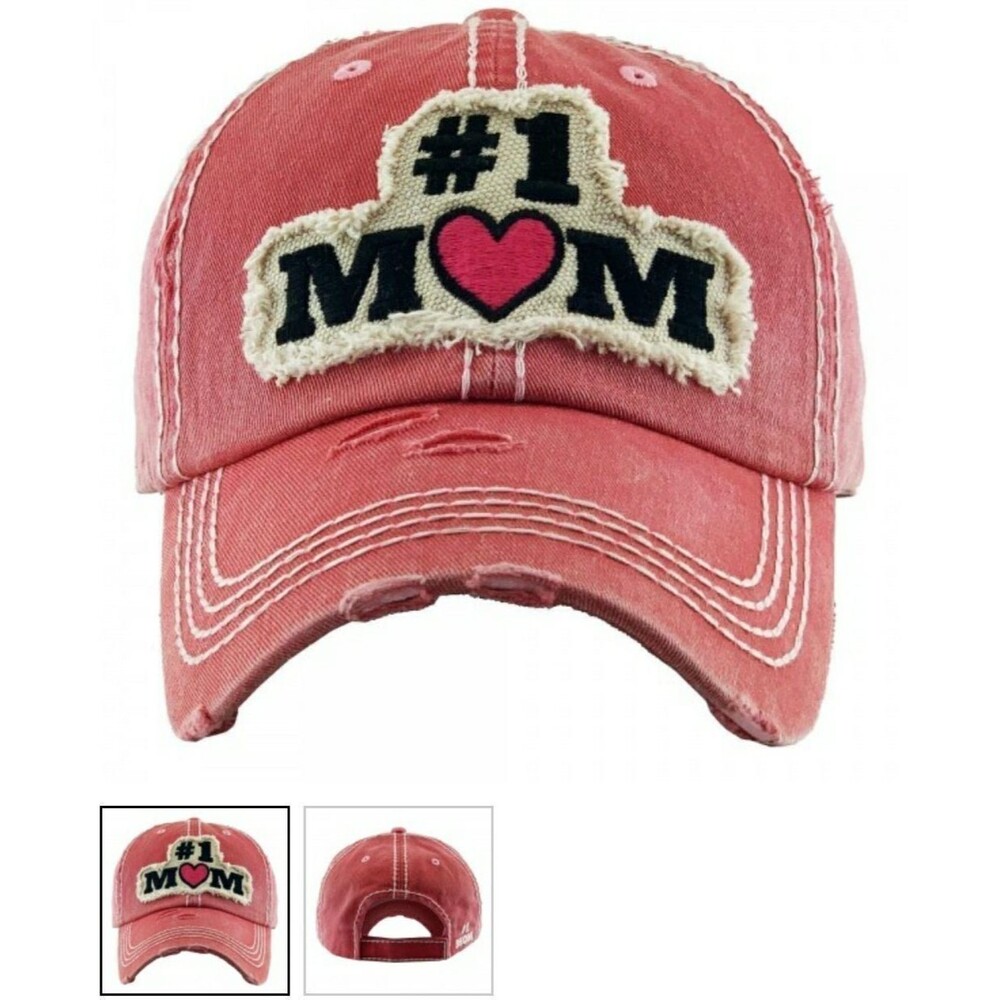 #1 MOM Baseball Cap Distressed Red Coral NWT